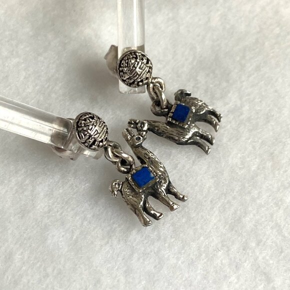 Sterling Silver 925 Southwest Style Llama Alpaca Lapis Dangle Drop Earrings - Picture 7 of 16